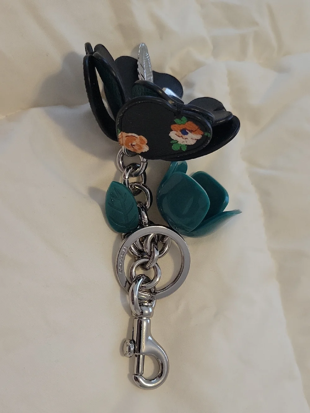 NWOT COACH Resin & Leather Tea Rose Keychain with Silver Hardware - Picture 3 of 11